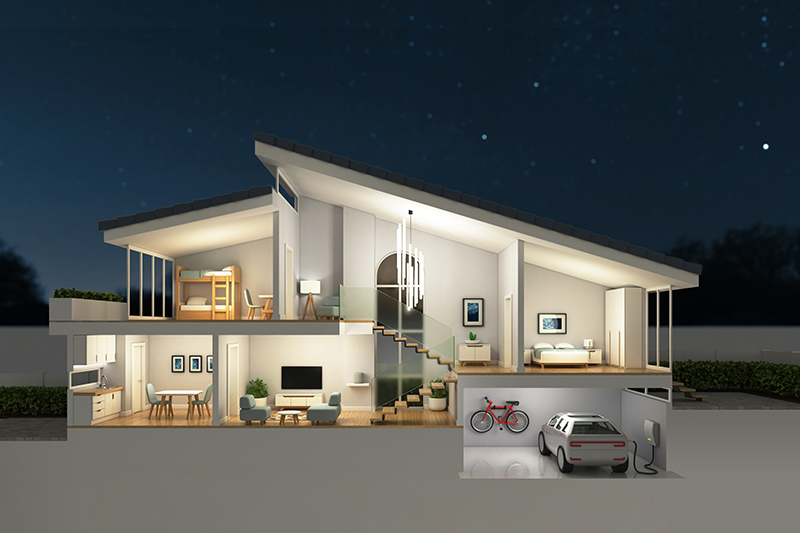 modern home cross section night scene safety